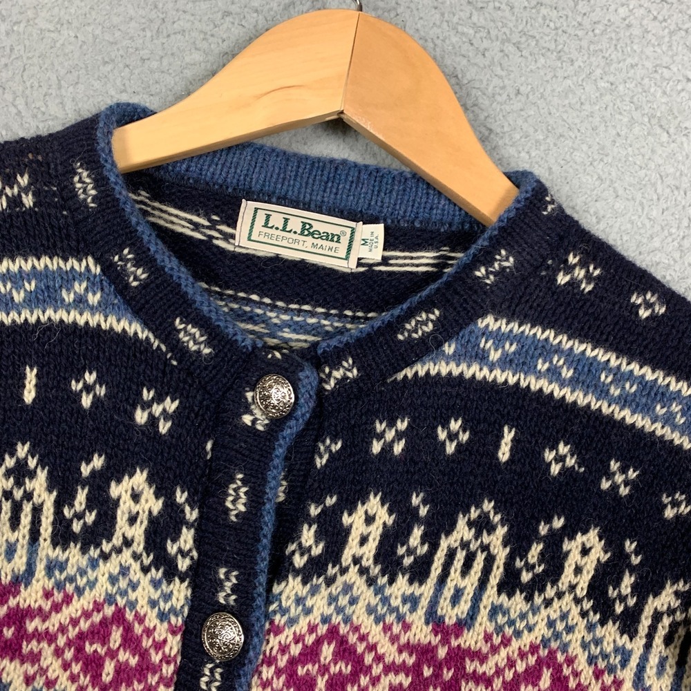 Vintage LL Bean Cardigan Sweater Women's Medium Navy Fair Isle Button Wool Blend